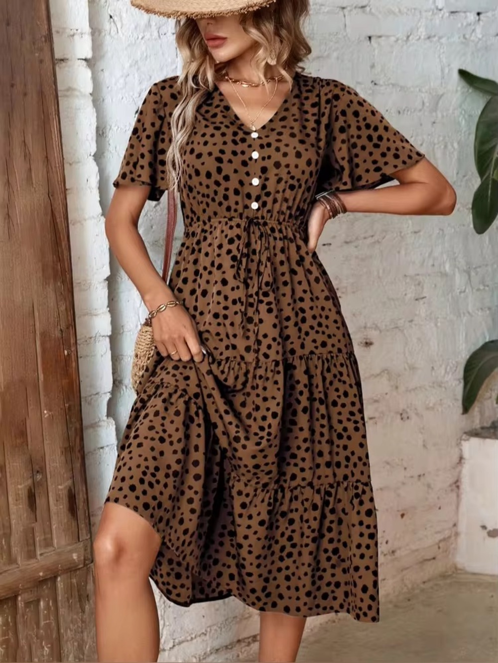 NEW Women’s Dalmatian Print Tiered Maxi Dress Tie Waist Ruffle Hem Size L